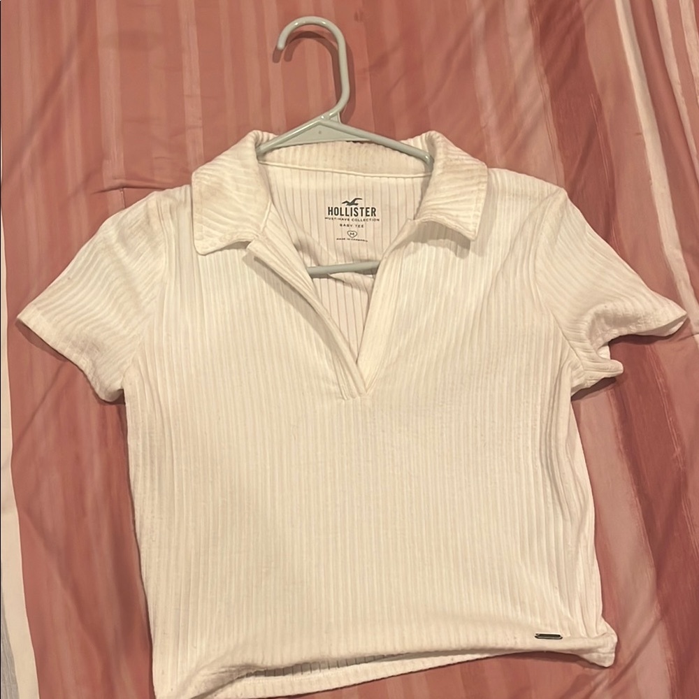 Hollister White Ribbed Polo Baby Tee